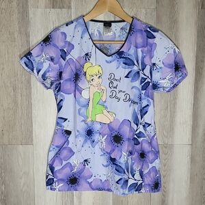 Disney Womens Small Tooniform Tinkerbell Scrub Top Floral V Neck Pockets Medical